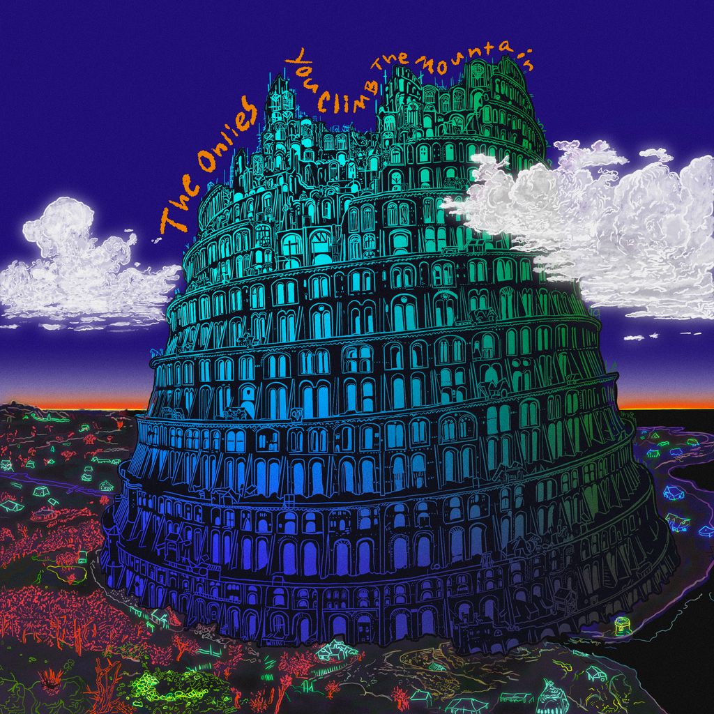 Cover of The Onlies' CD, "You Climb The Mountain." An illustration of a two reaching into the clouds on an otherwise blue-sky day.